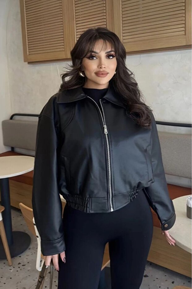 سترة بومبر من الجلد الصناعي مع ياقة - 2