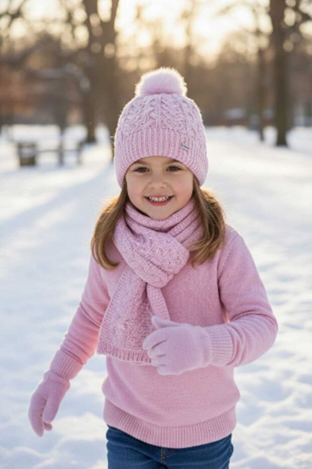 4-8 Years Old Girls' Fleece Scarf, Beanie, Gloves 3-Piece Set