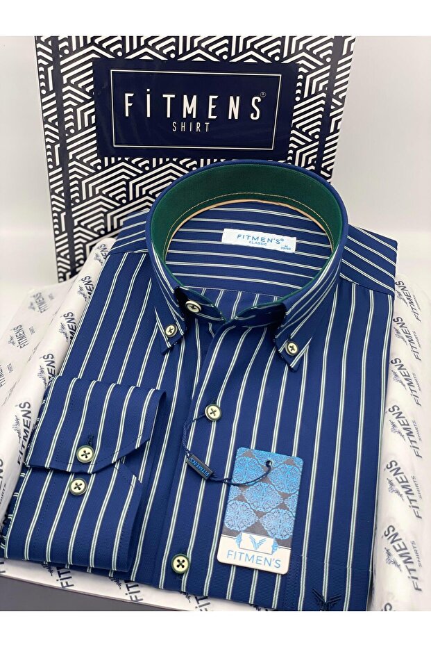 Classic Wide Cut Long Sleeve Elegance Striped Collar Buttoned Men's Shirt with Gift Box Fs-004340 - Lac