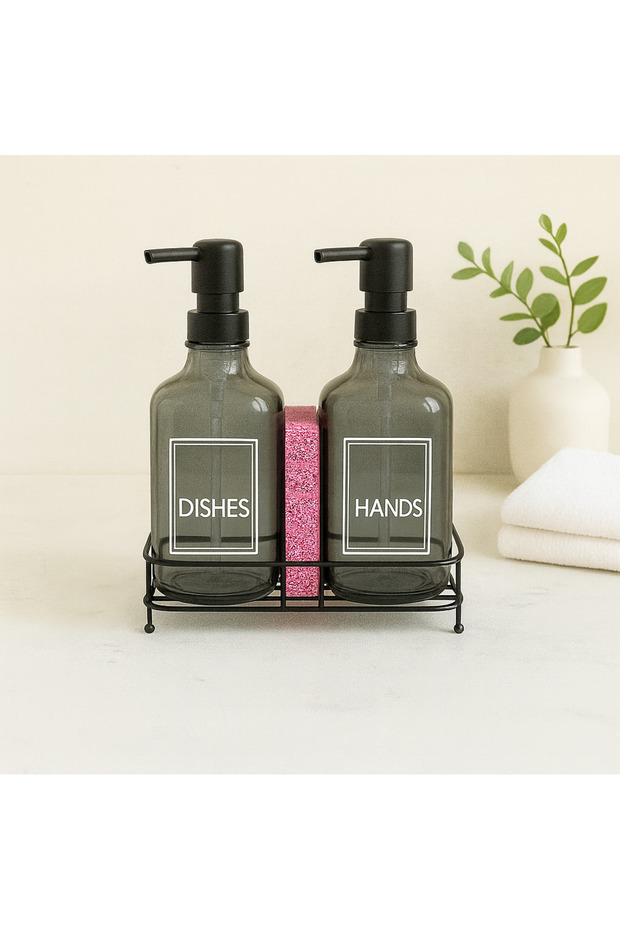 Modern Glass Double Liquid Soap Dispenser & Detergent Dispenser Set - 500 ml Glass Soap Dispenser, with Metal Stand