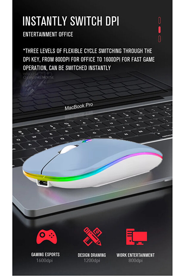 فأرة لاسلكية مزدوجة الوضع للكمبيوتر اللوحي والهاتف والكمبيوتر مزودة بتقنية البلوتوث قابلة لإعادة الشحن مع إضاءة خلفية RGB - 6