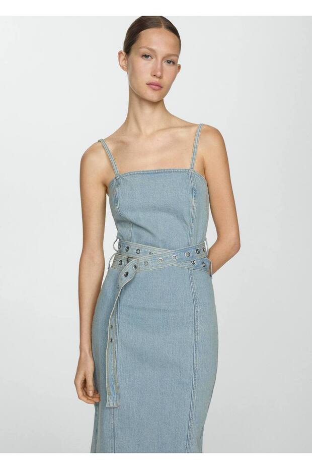 Kemerli denim elbise - 1