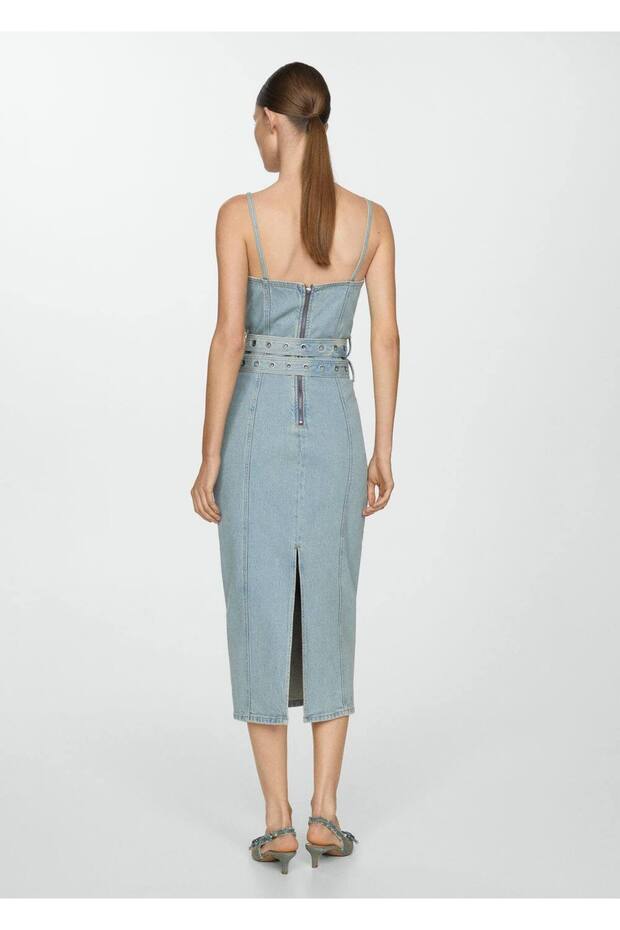 Kemerli denim elbise - 4