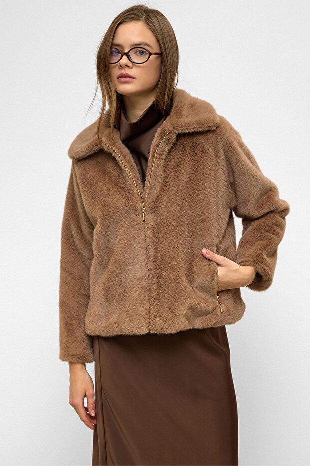 Reglan Sleeve Zippered Faux Fur Jacket Kamel 1012