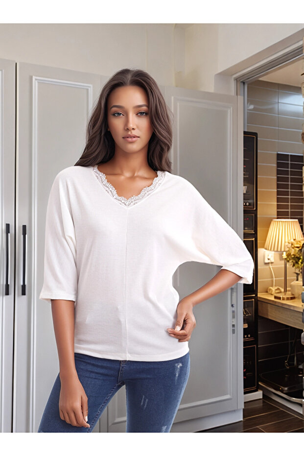 20343331 Camisole Collar Lace Batwing Sleeve Blouse Ecru
