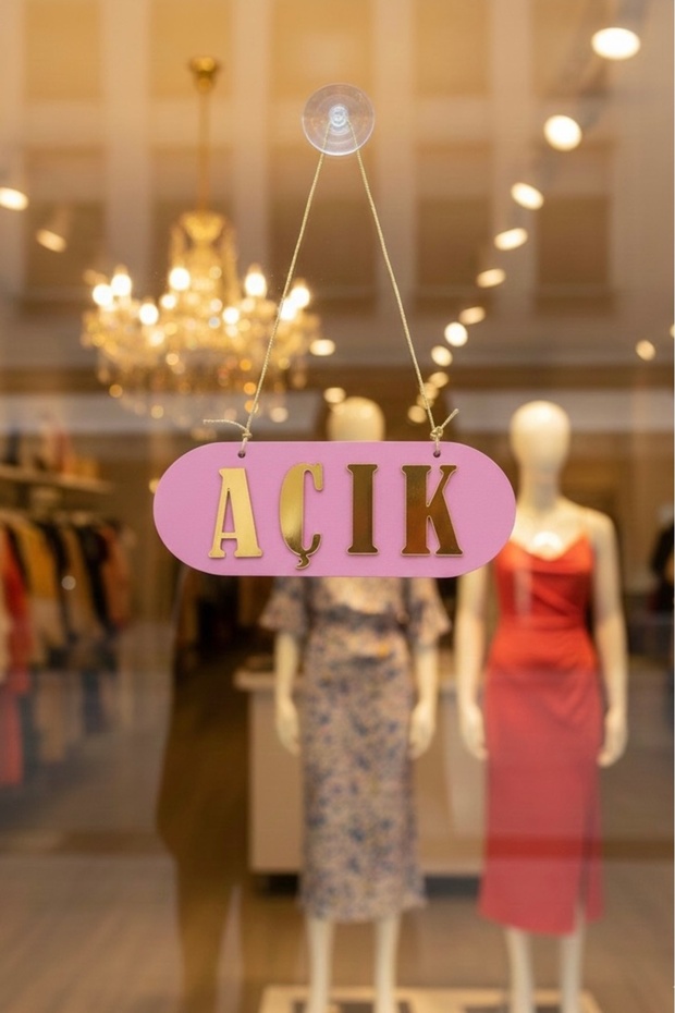 Shop Door Open Closed Sign Pink Gold 18X7.5 cm