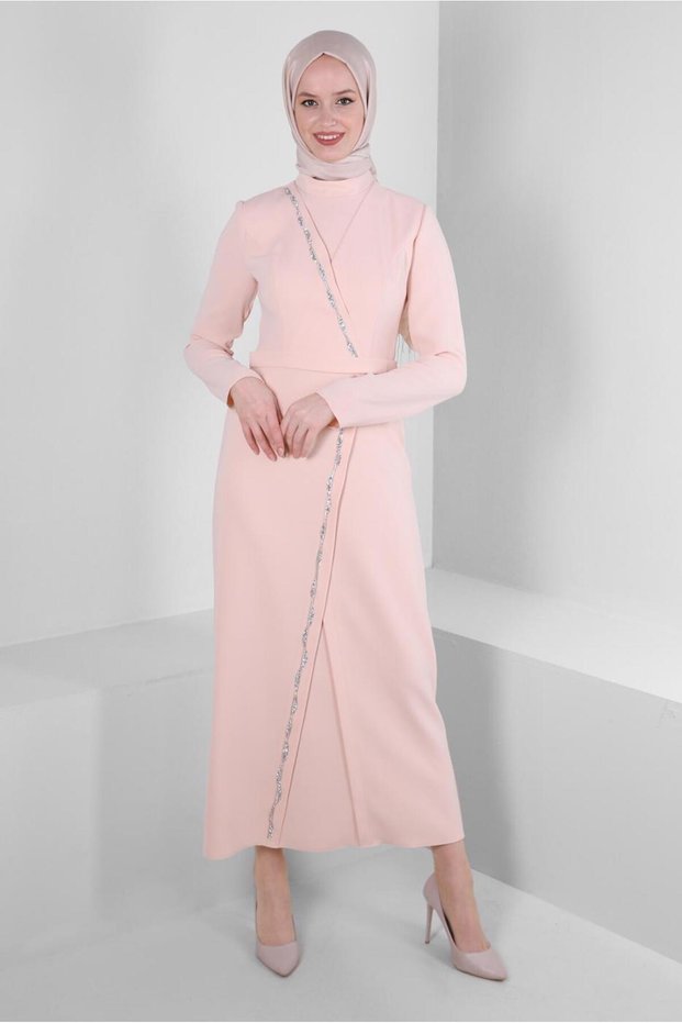 STONE DETAILED STYLE COLLAR DRESS 43541