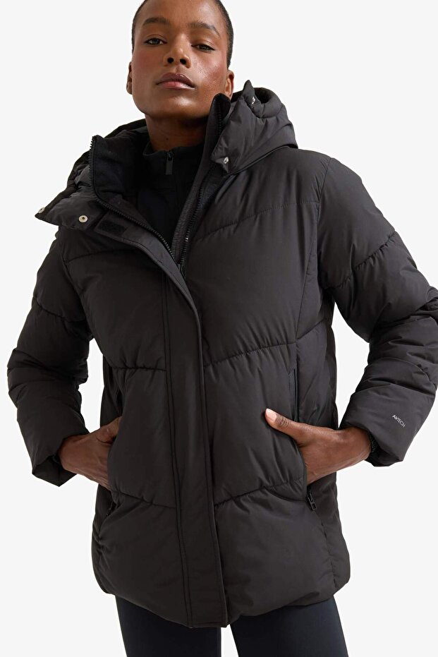 Defactofit Water Repellent Coat Hooded Fleece Lined Zipper Waterproof A1553Ax23Wn