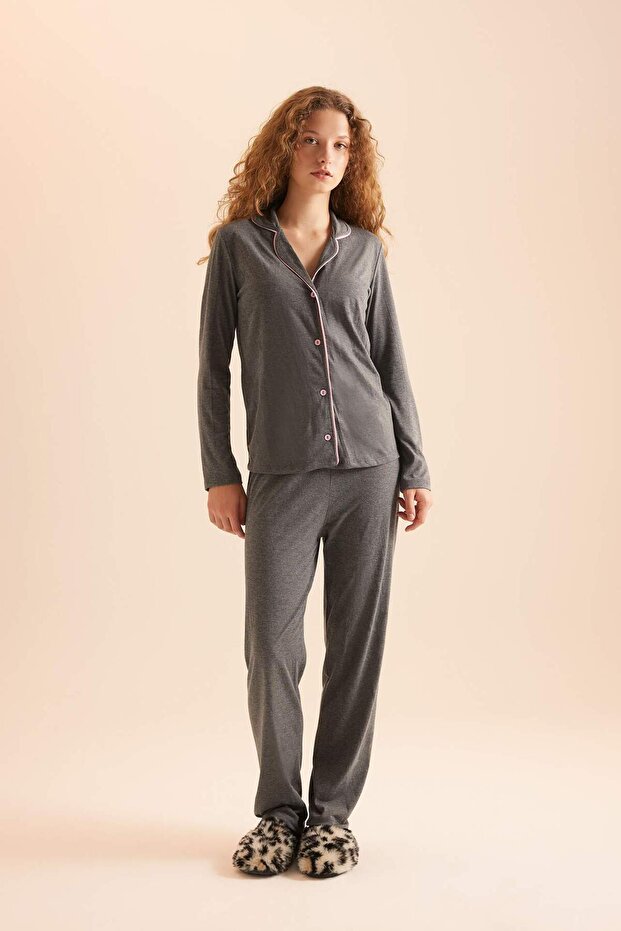 Pijama Takımı Regular Fit Uzun Kollu Üst Uzun Alt-Fall in Love E2246AXNS - 1