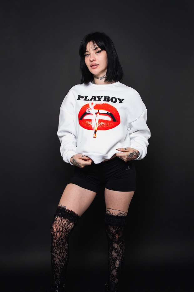 Playboy Printed Hoodless Relaxed Fit Women's White Sweatshirt