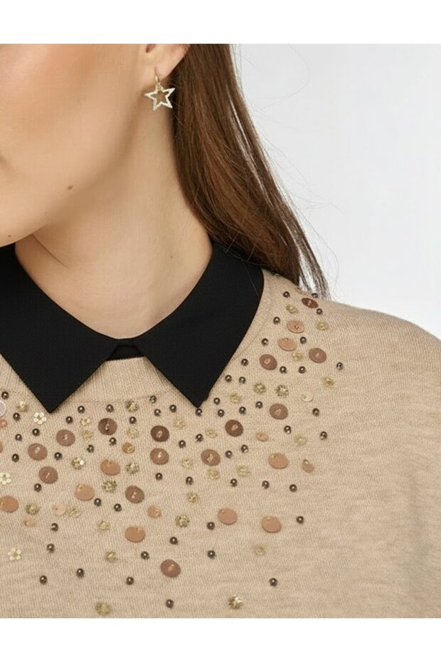 Payet İşlemeli Viskon Triko Tunik Vizon - 7