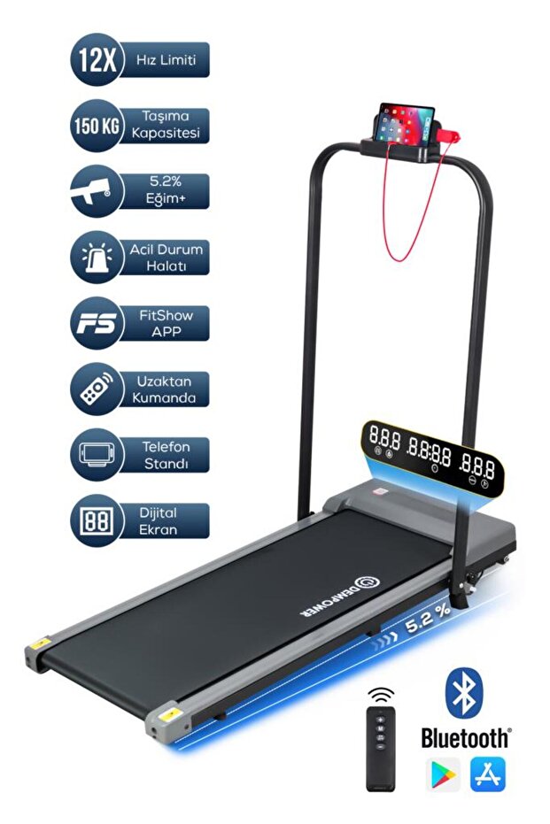 DEMPOWER 150KG Taşıma Kapasiteli, 12KM/H, Manuel Eğimli, Bluetoothlu, LCD Ekranlı Yürüyüş Ve Koşu Bandı