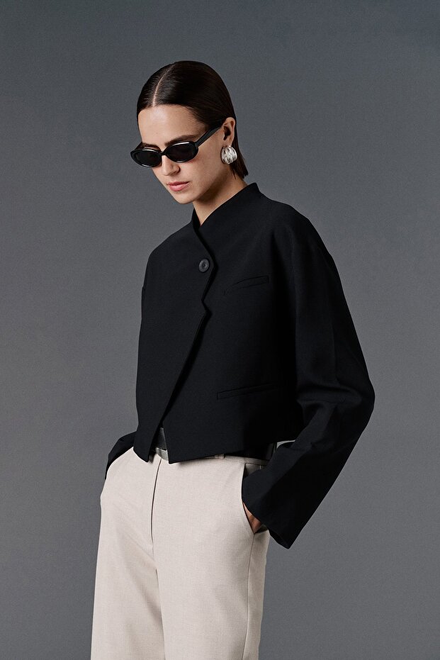 Diagonal crop blazer ceket - 1