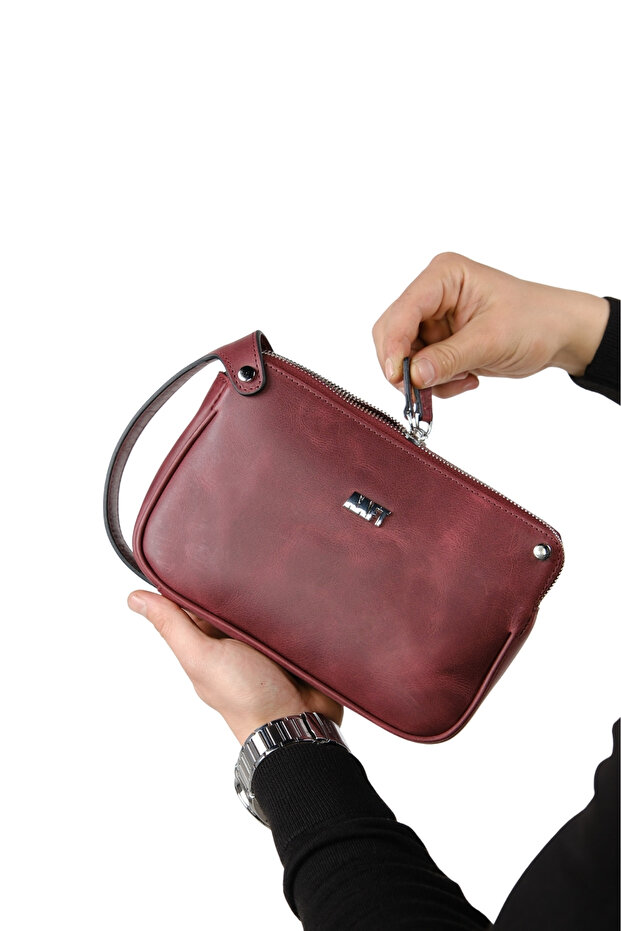 Genuine Leather Unisex Handbag | Moon Bag 4381 - Tiguan Burgundy