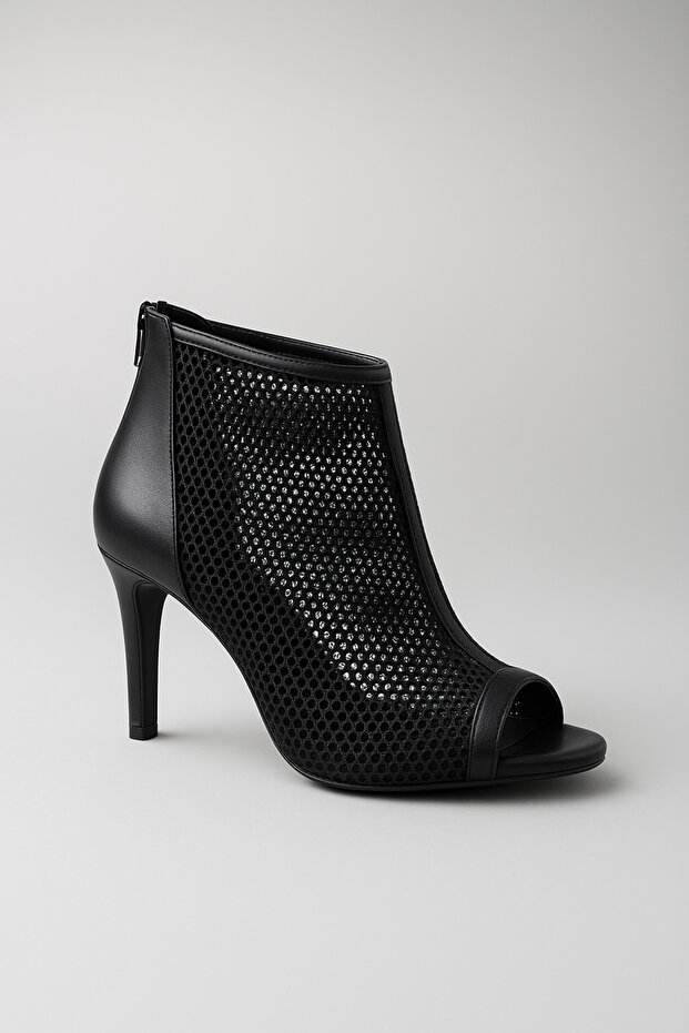 KARVENSHOES Kadın Siyah Deri Siyah Fileli Fermuarlı Önü Açık Kısa Yazlık Bot