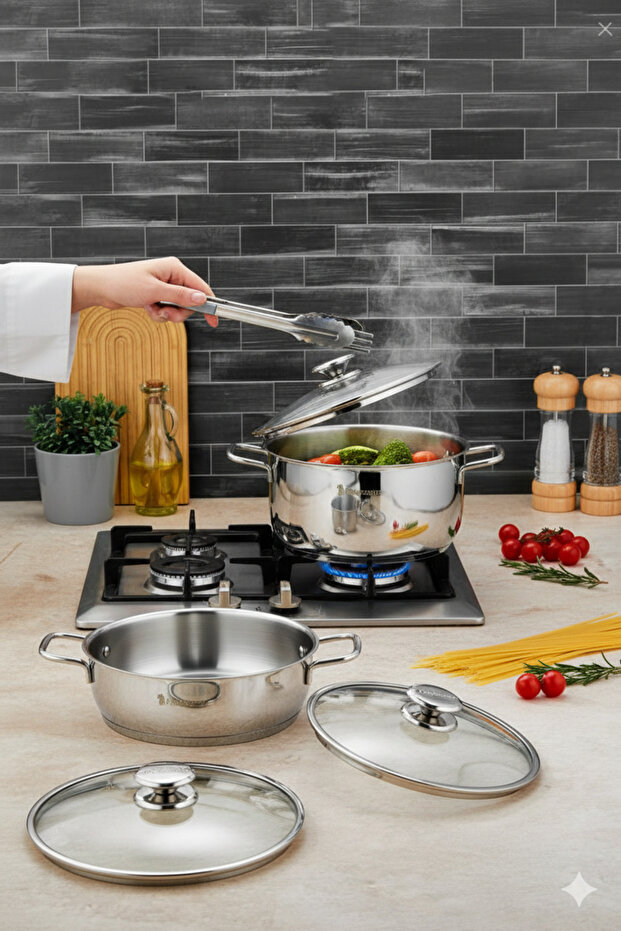 Vistal 18/10 Stainless Steel 8 Piece Deep and Stock Pot Set (16-20-24 Cm-24Cm)