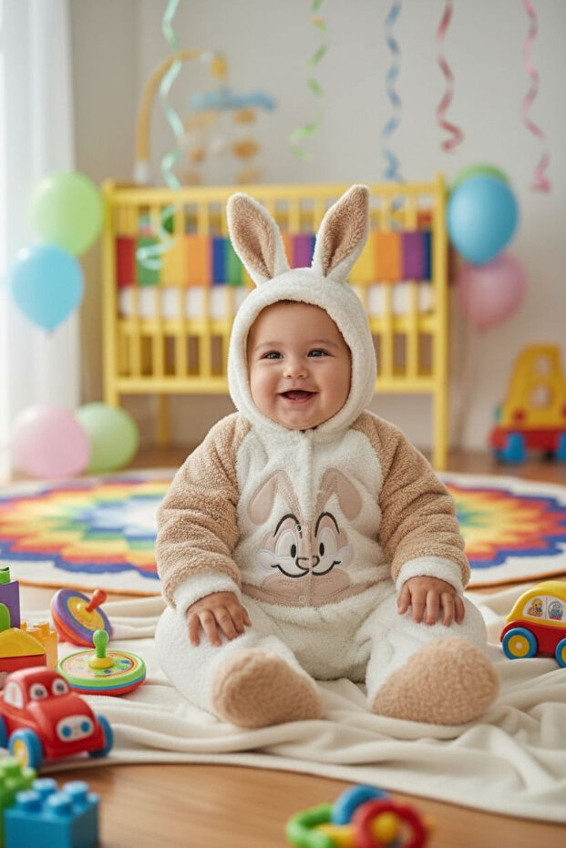 Winter Baby Romper with Rabbit Design, Welsoft Puff Fabric, Rabbit Embroidery, Snap Fasteners, 6-9 Months