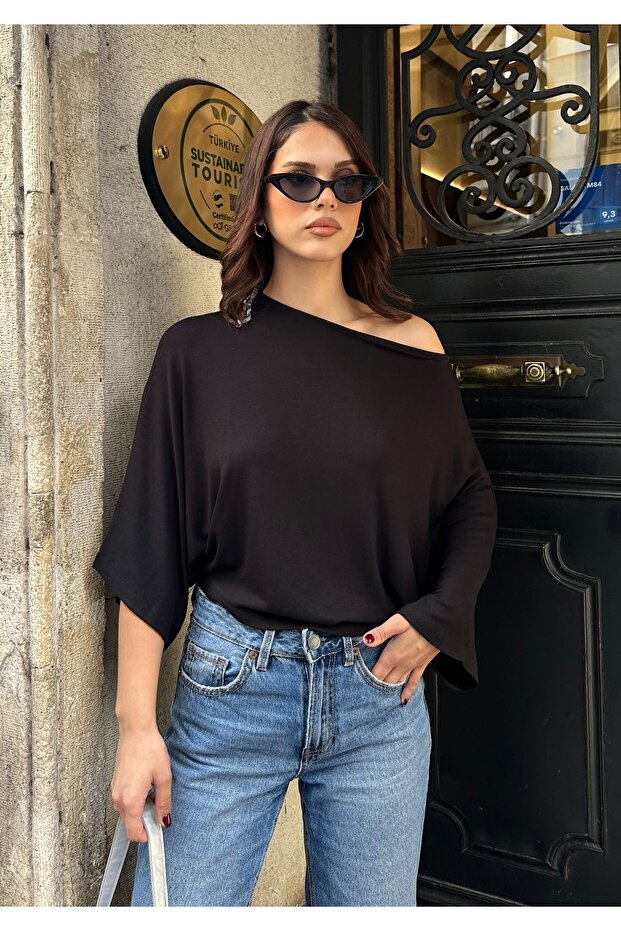 Women's Black Batwing Sleeve Off Shoulder Modal Textured Blouse
