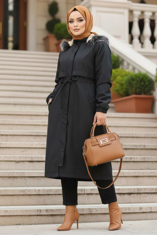Fur Black Hijab Parka 60651S