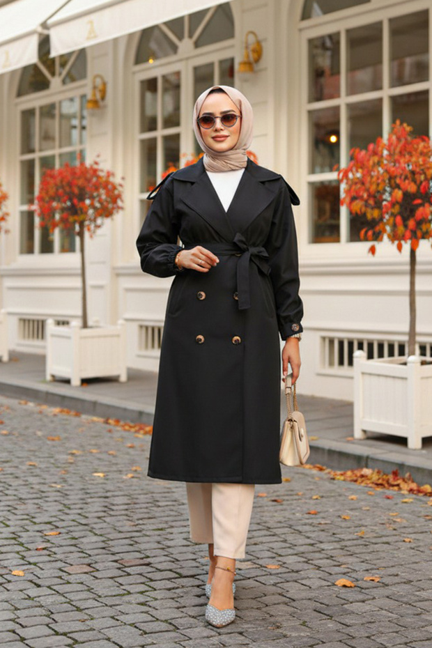 Buttoned Black Hijab Trench Coat 647S