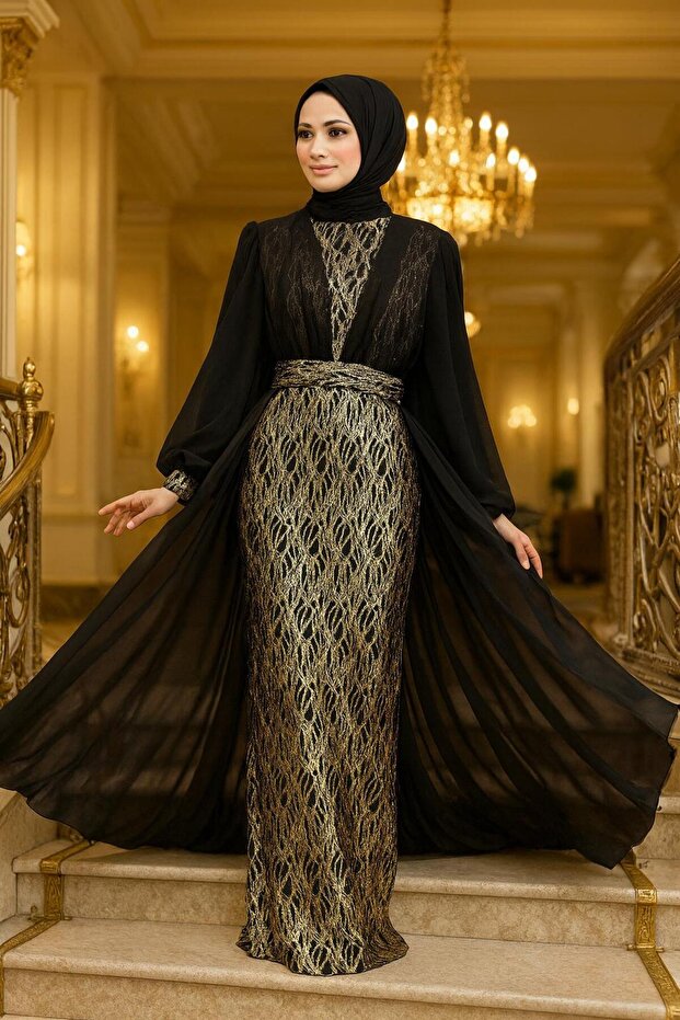 Black Hijab Evening Dress with Cape Detail 50173S