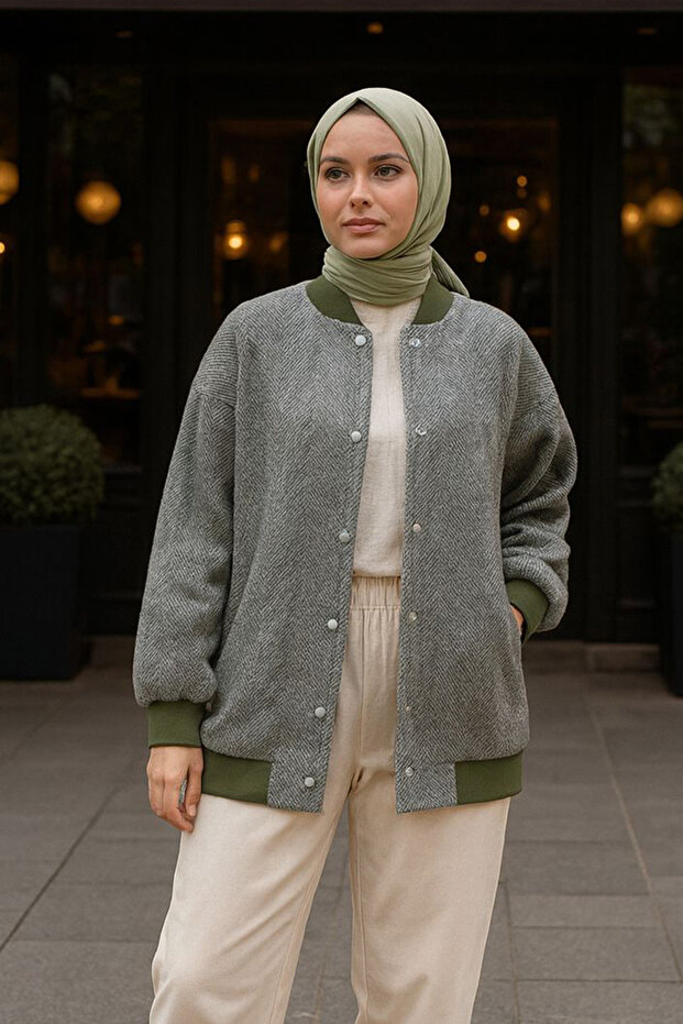 Buttoned Khaki Hijab Bomber Jacket 9263HK