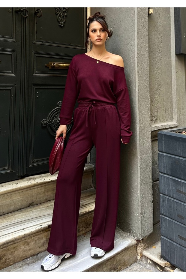 Women's Burgundy Off-Shoulder Soft Modal Textured Bottom-Top Set