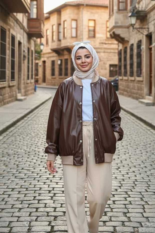Buttoned Brown Hijab Leather Jacket 9264KH