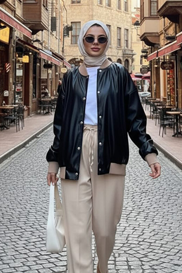 Buttoned Black Hijab Leather Jacket 9264S