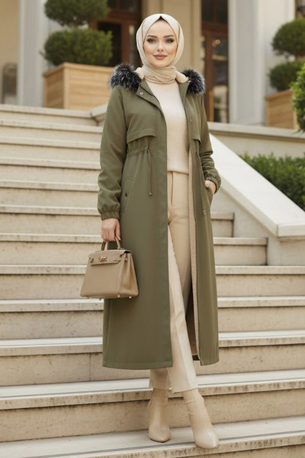Fur-Lined Khaki Hijab Parka 60651Hk