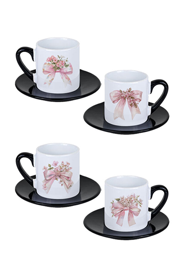 Pink Floral Bow Printed Black Set of 4 Porcelain Turkish Coffee Cups