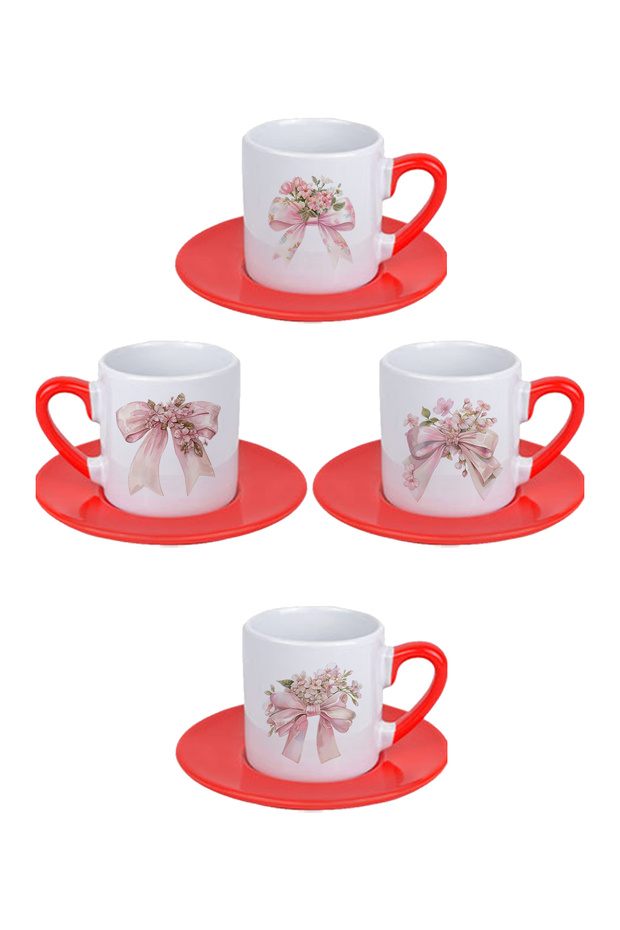 Pink Floral Bow Printed Red Set of 4 Porcelain Turkish Coffee Cups