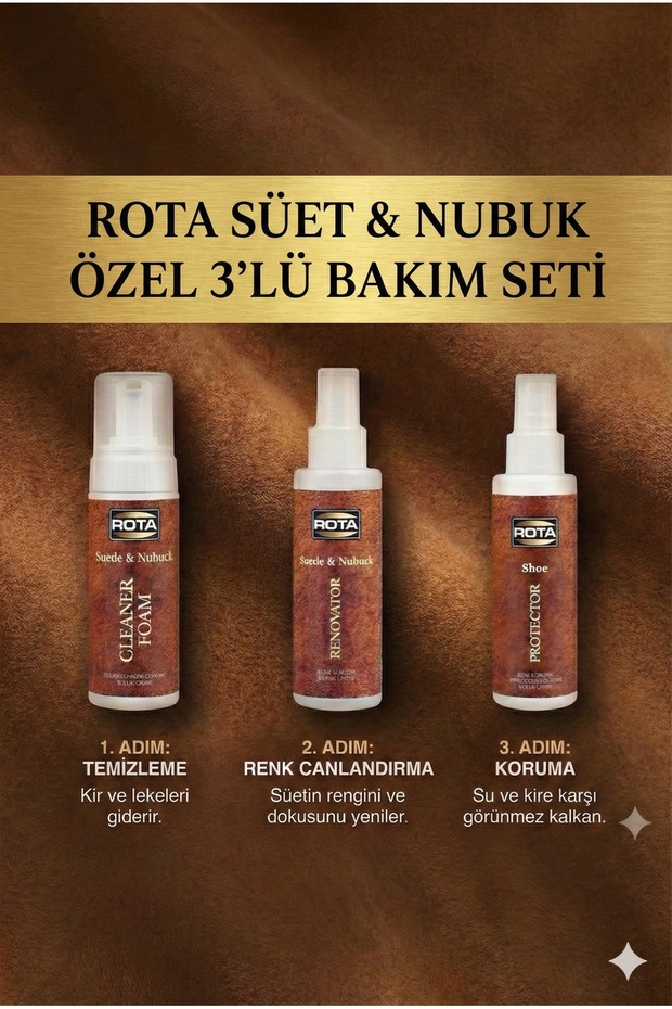 ROTA Üçlü Süet Temizlik & Bakım Paketi (Köpük Temizleyici + Su İtici + Renk Canlandırıcı)
