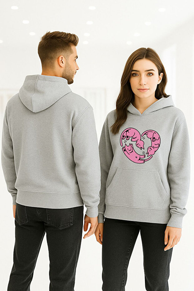 Unisex Long Sleeve Heart Cats Transfer Printed Hooded Sweatshirt