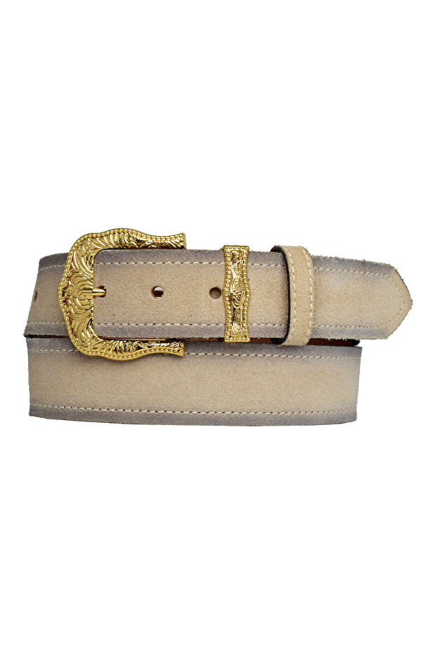 100% Genuine Leather, Gold Suit Buckle 4 Cm Suede Cream Women's Belt; Jeans, Sports Belt=an-byn-77