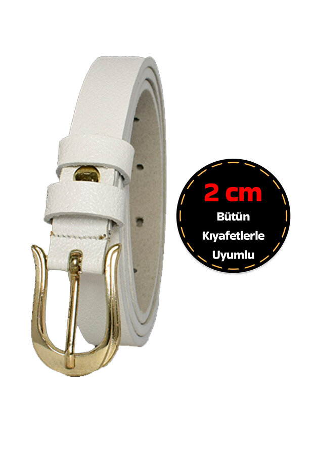 100% Genuine Leather, Gold Color Buckle Thin 2 cm Milk White Women's Belt; Dress, Pants Belt_atnlı