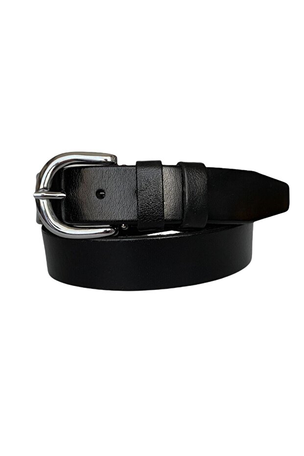 100% Genuine Leather, Black Women's Jeans with Silver Buckle, Sports Belt 4 Cm=an-byn-45