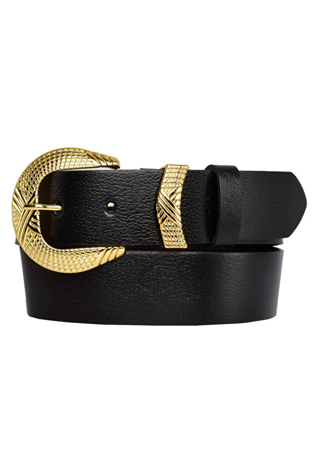 100% Genuine Leather, Gold Set Buckle 4 Cm Black Women's Belt; Jeans, Sports Belt=an-byn-63.gold.set