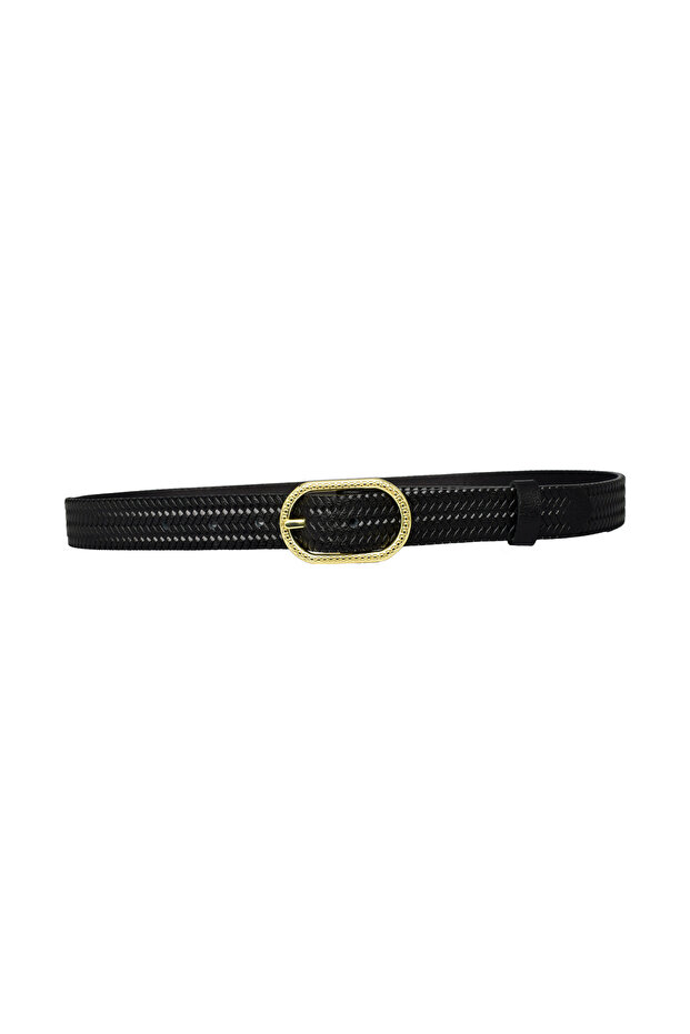 100% Genuine Leather Gold Buckle Knitted Patterned Black Thin Women's Belt, 3 Cm=3Cm-Kdn-32