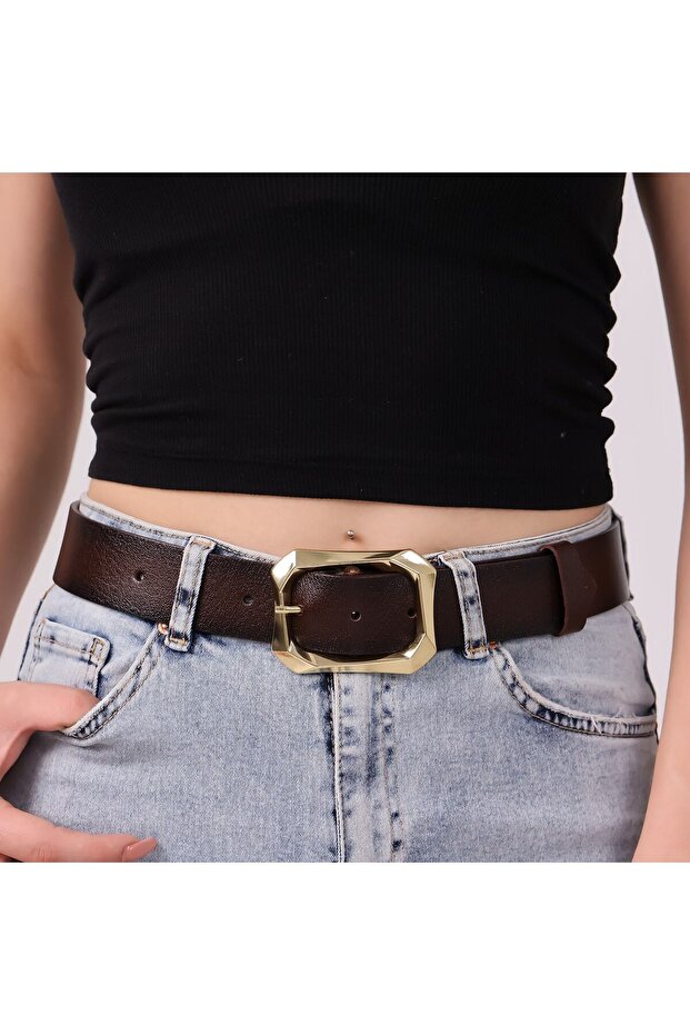Women's Fashion Gold Color Buckle, One Piece Soft Genuine Leather Dark Brown Belt, 3.8 Cm=amz-08