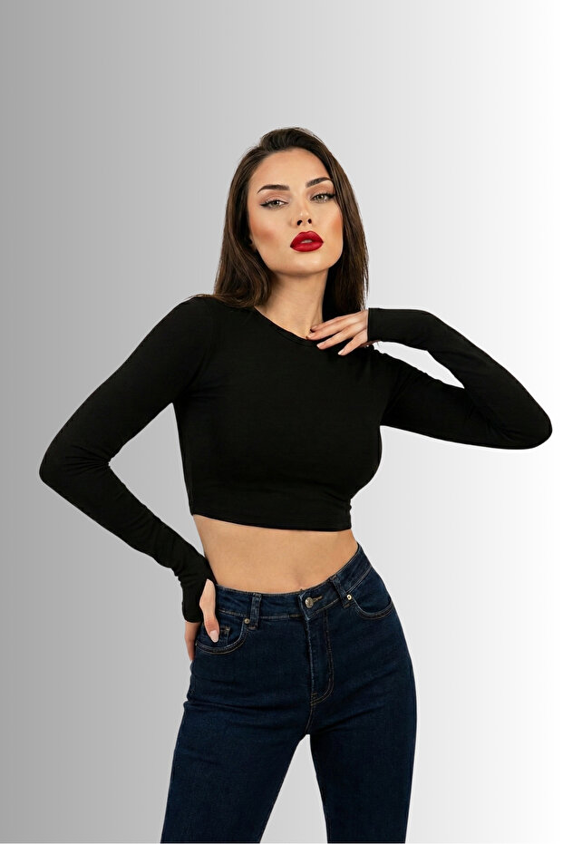Women's Crew Neck Long Sleeve Finger Hole Slim Fit Lycra Crop