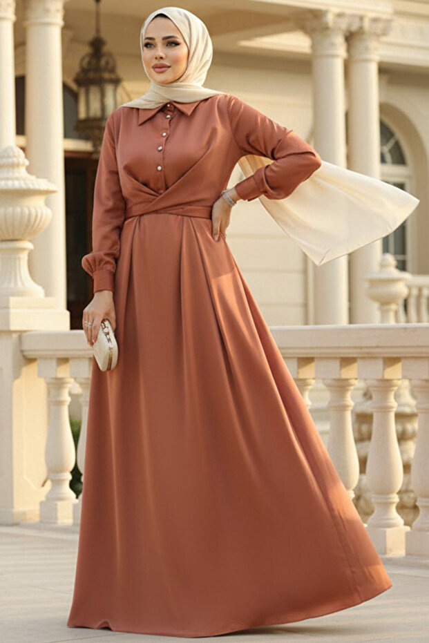 Button Detailed Tile Hijab Satin Dress 45661Krmt