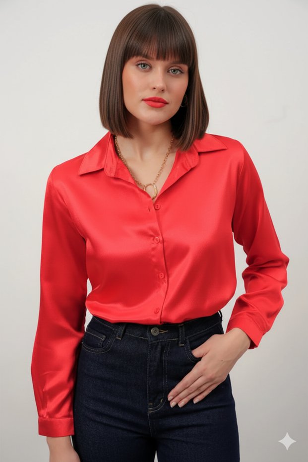 Women's Red Lightweight Flowy Satin Surface Shirt Hzl22W-Bd139641