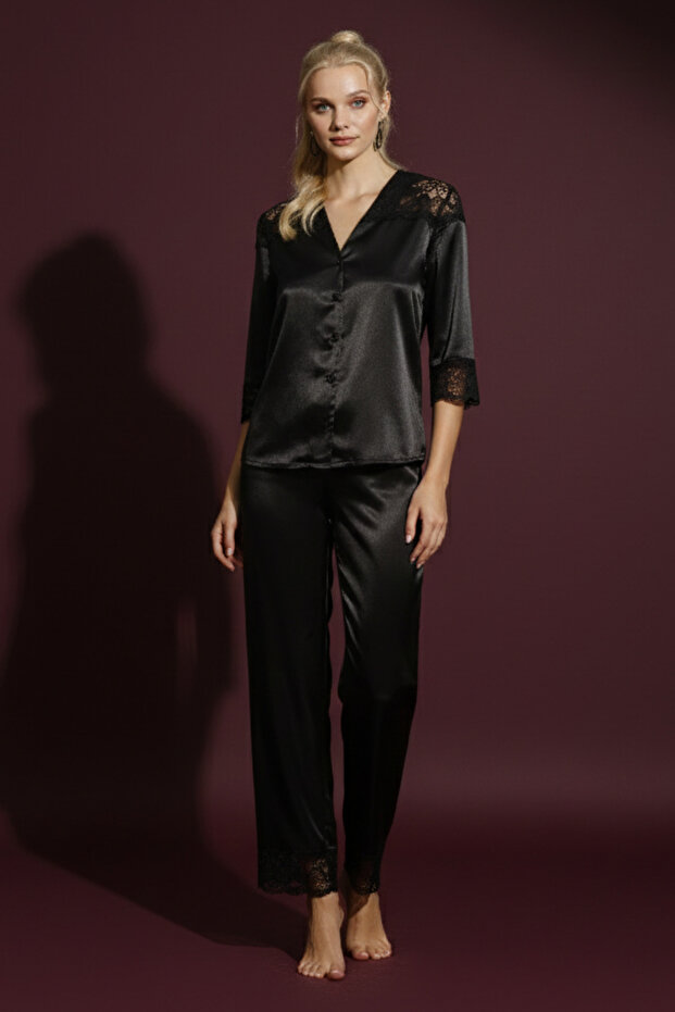 Women's Black Satin Buttoned Pajama Set with Lace Detail, Stylish and Comfortable 2-Piece Set