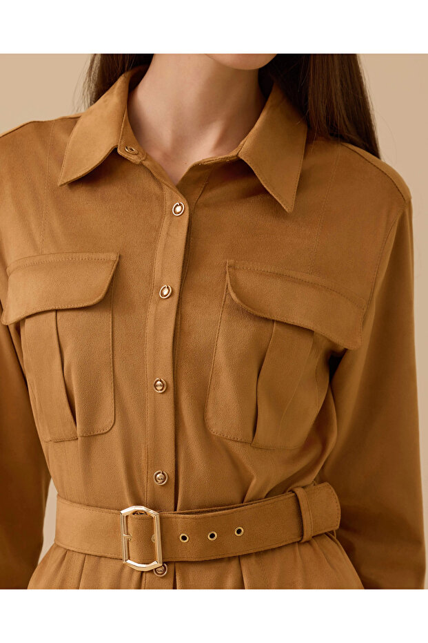 Kemerli Süet Elbise - 5