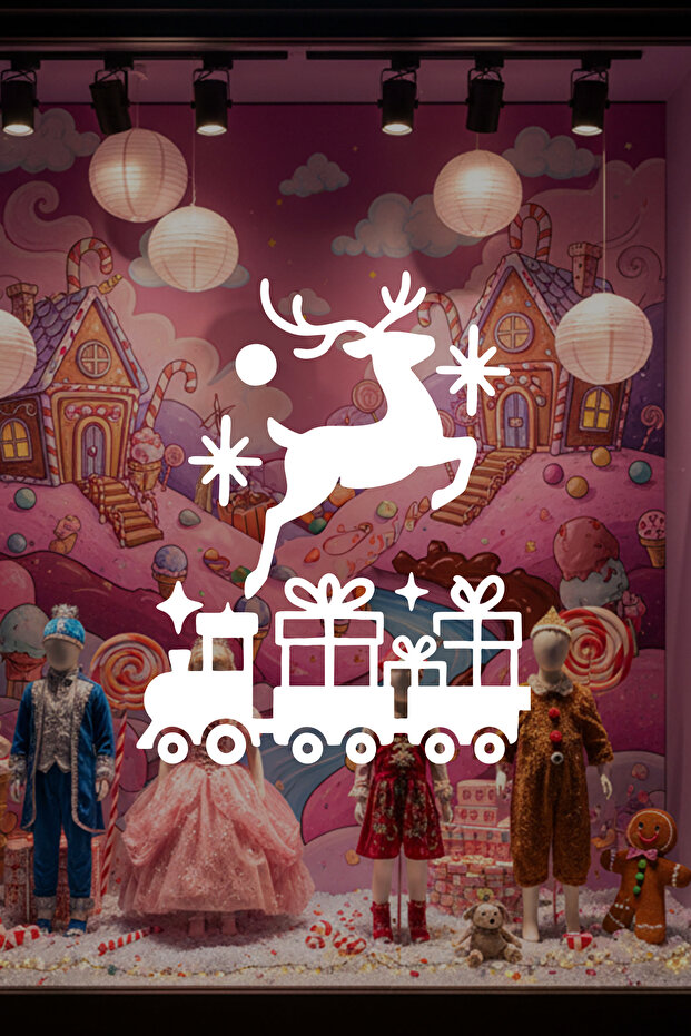 New Year's Showcase Glass Sticker with Deer and Gift Train – Showcase New Year's Decor