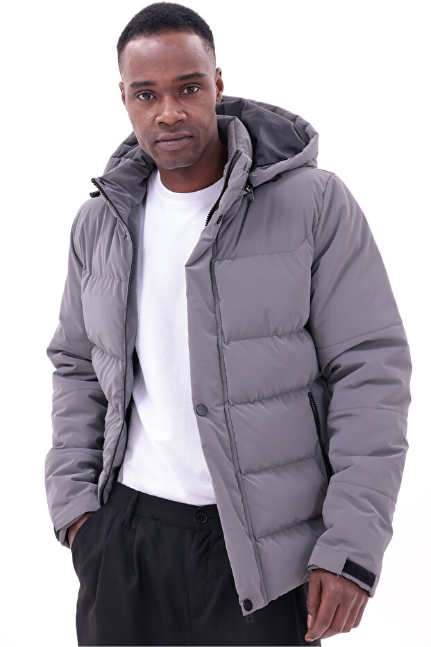 Men's Gray Winter Nova Fabric Waterproof Detachable K Hooded Coat with Inner Pocket