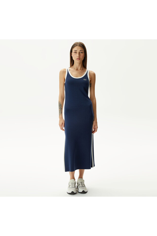 Kadın Slim Fit Kolsuz Bisiklet Yaka Renk Bloklu Lacivert Elbise - 4
