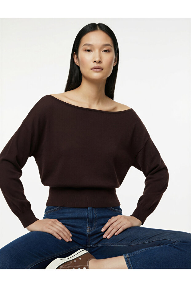Long Sleeve Viscose Blend Boat Neck Knitwear Sweater
