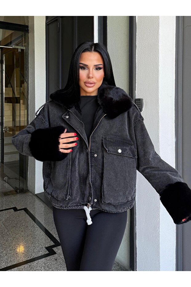 Kadın Kürklü Denim Kadın Mont - 2